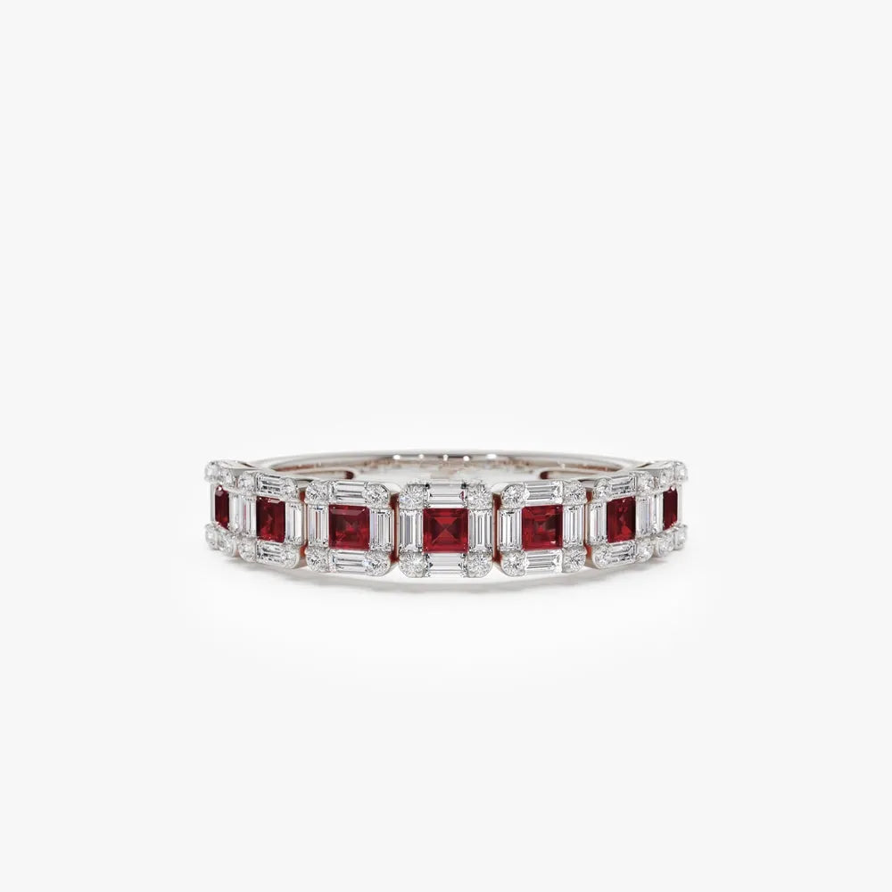 14k Gold Ruby and Diamond Princess Baguette and Round Cut Ring 0.80 ctw