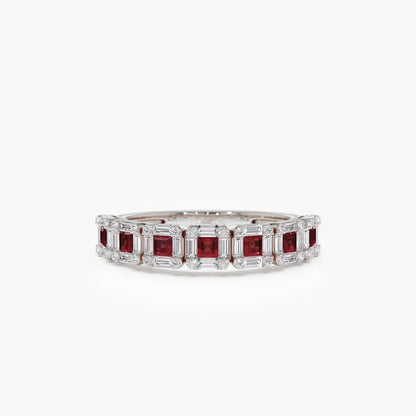14k Gold Ruby and Diamond Princess Baguette and Round Cut Ring 0.80 ctw