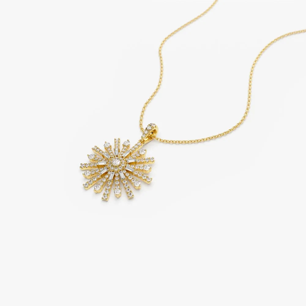 14K Solid Gold Baguette and Round Diamond Unique Statement Necklace 0.90ctw