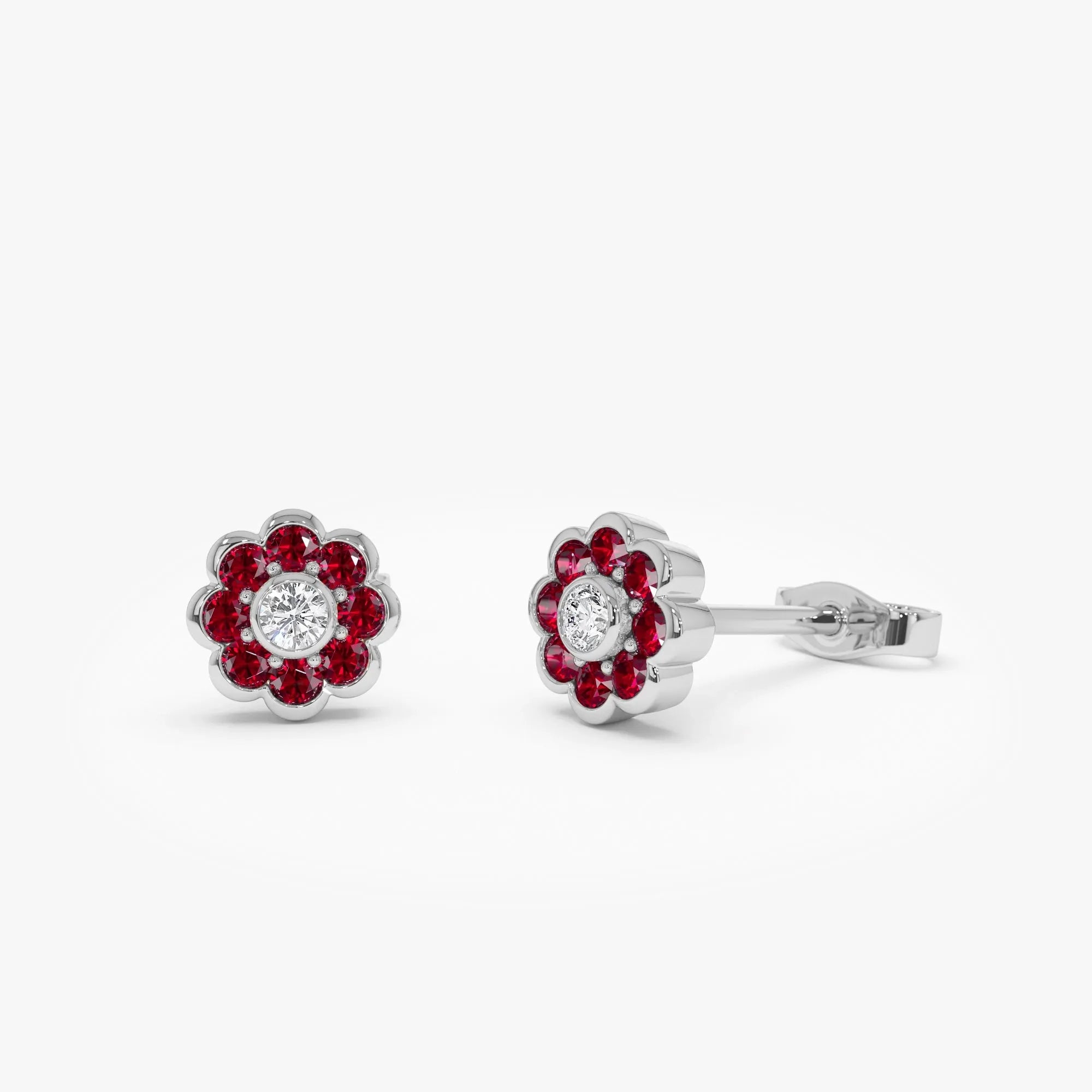 4k Gold Ruby and Diamond Round Cut Flower Stud Earrings Bezel Setting 0.57 ctw