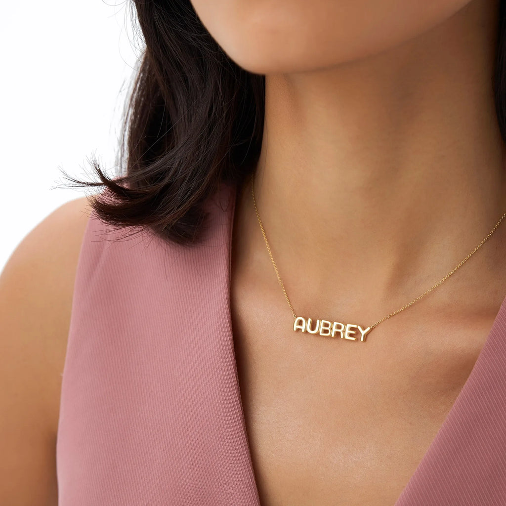 14k Solid Gold Personalized Bubble Name Necklace Custom Pendant