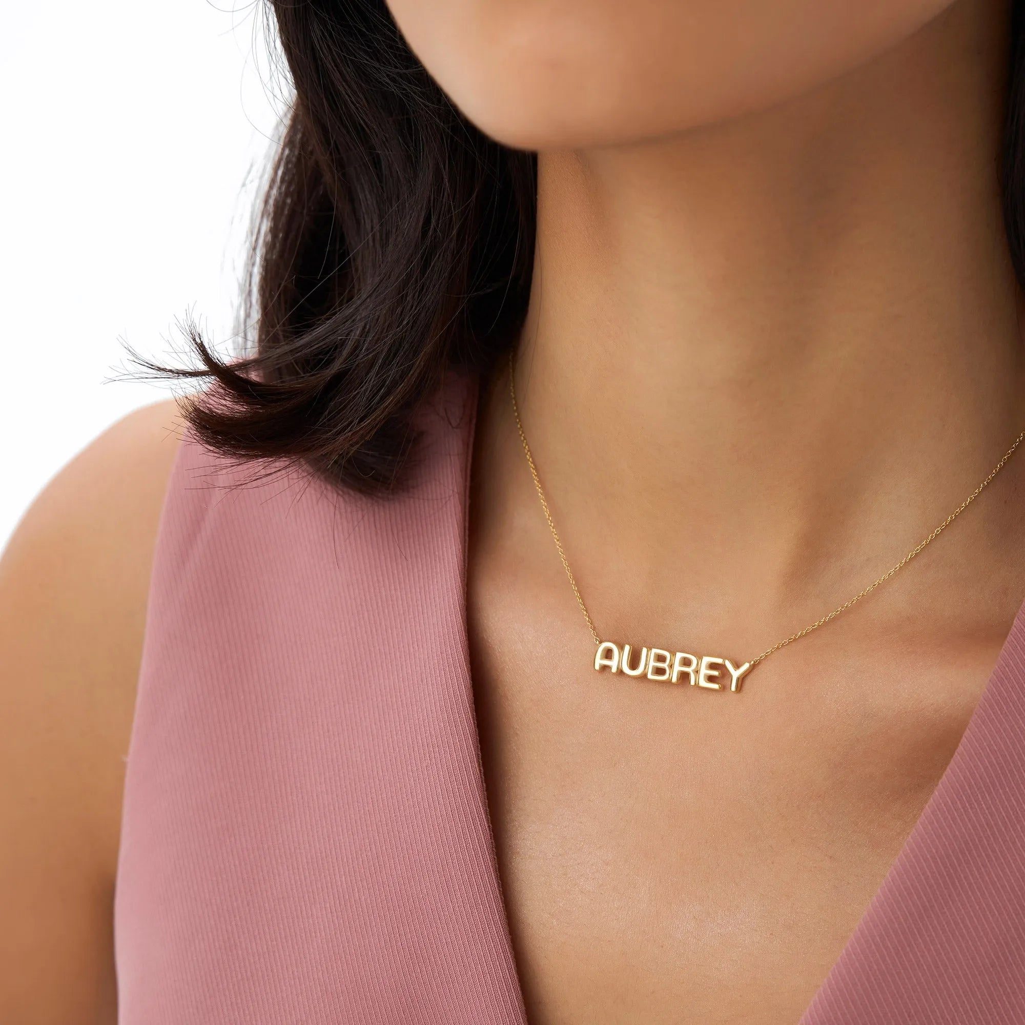 14k Solid Gold Personalized Bubble Name Necklace Custom Pendant