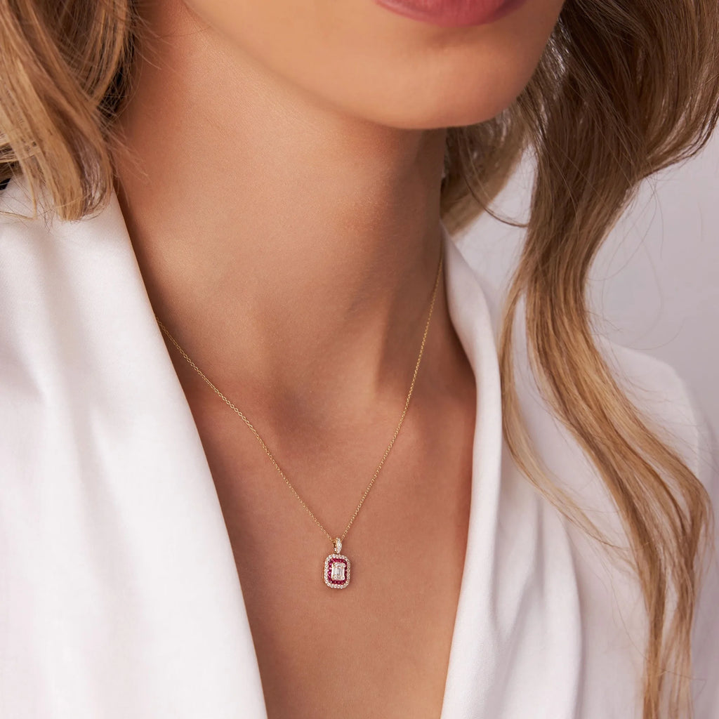 14k Solid Gold Ruby and Diamond Round Baguette Halo Necklace 0.50 Carat
