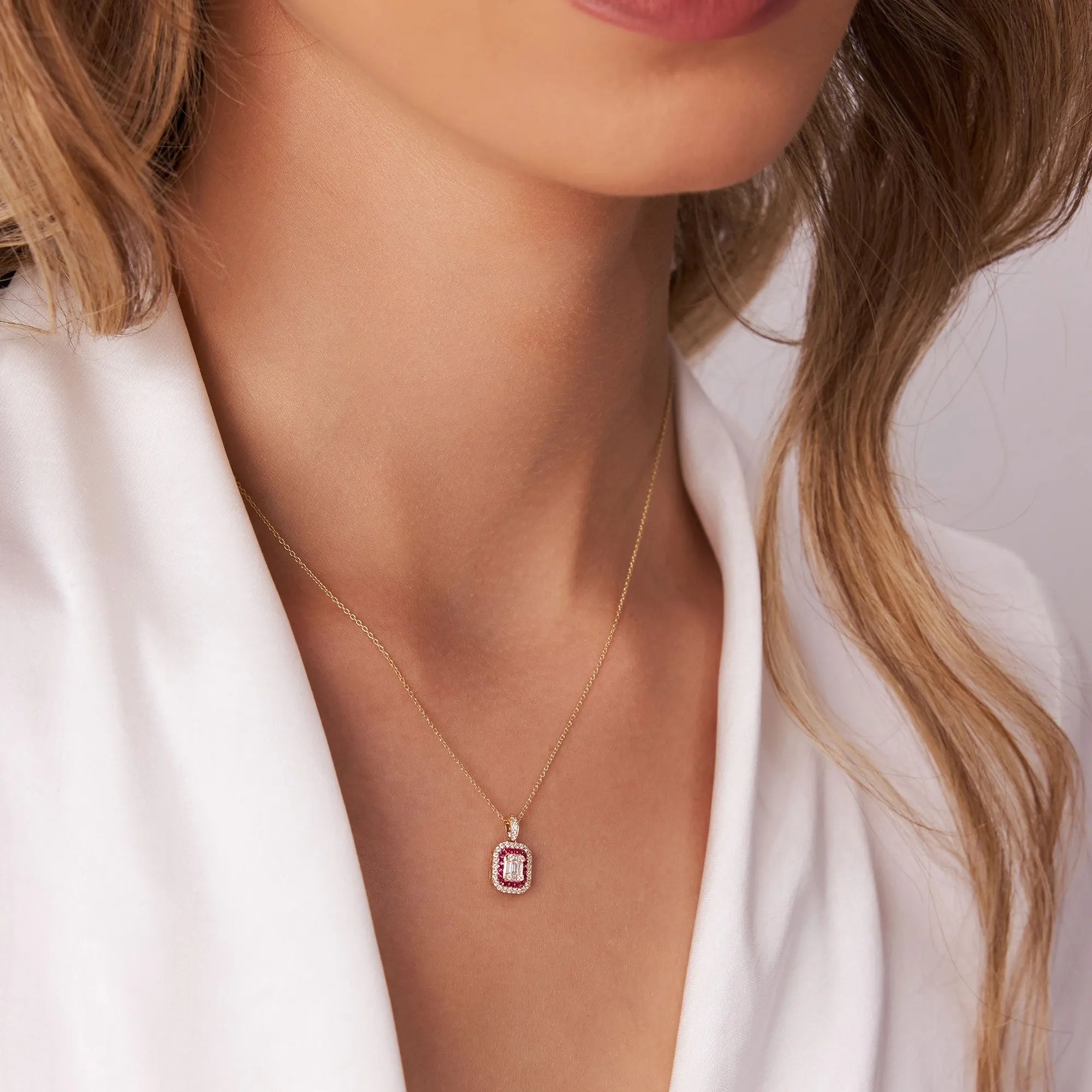 14k Solid Gold Ruby and Diamond Round Baguette Halo Necklace 0.50 Carat