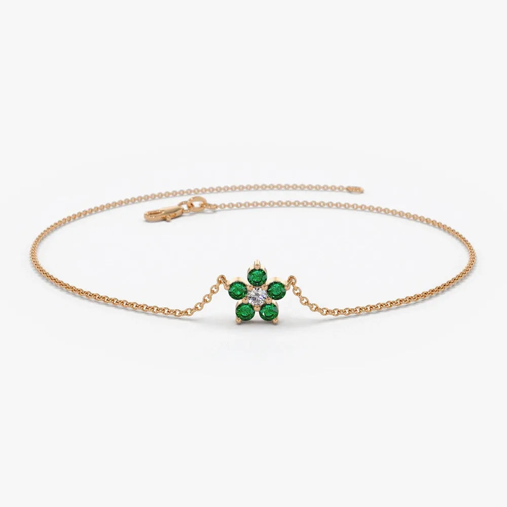 14K Solid Gold Round Emerald and Diamond Flower Charm Bracelet