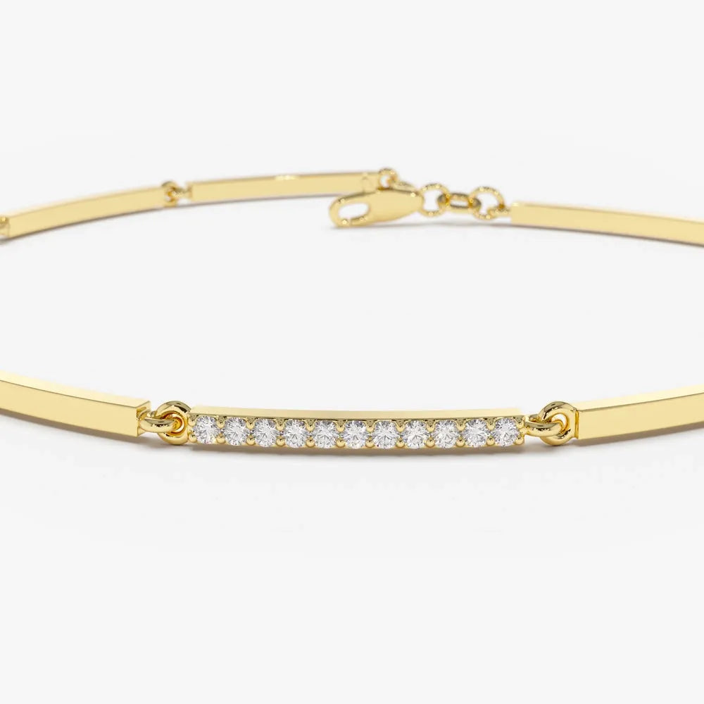 14K Solid Gold Round Diamond Bar Bracelet Micro Pave 0.30 Carat