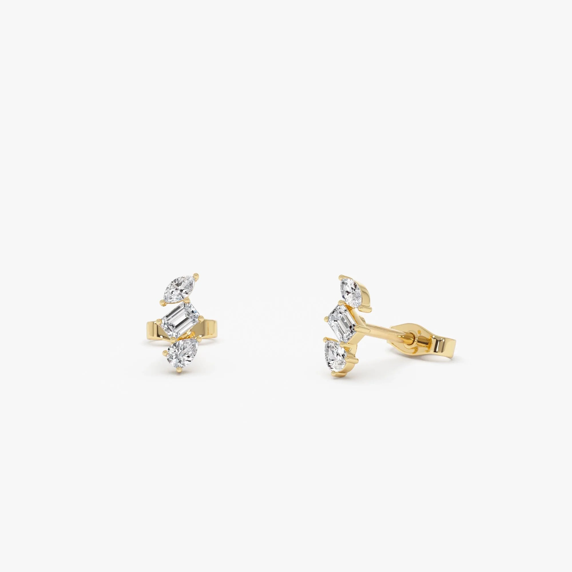 14k Gold Diamond Emerald Cut Marquise and Pear Stud Earrings 0.30 ctw
