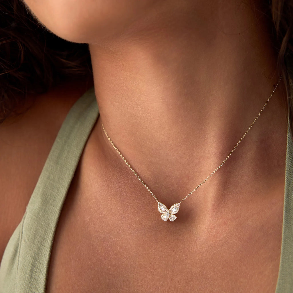 14K Solid Gold Baguette and Round Diamond Butterfly Pendant Necklace 0.32ctw