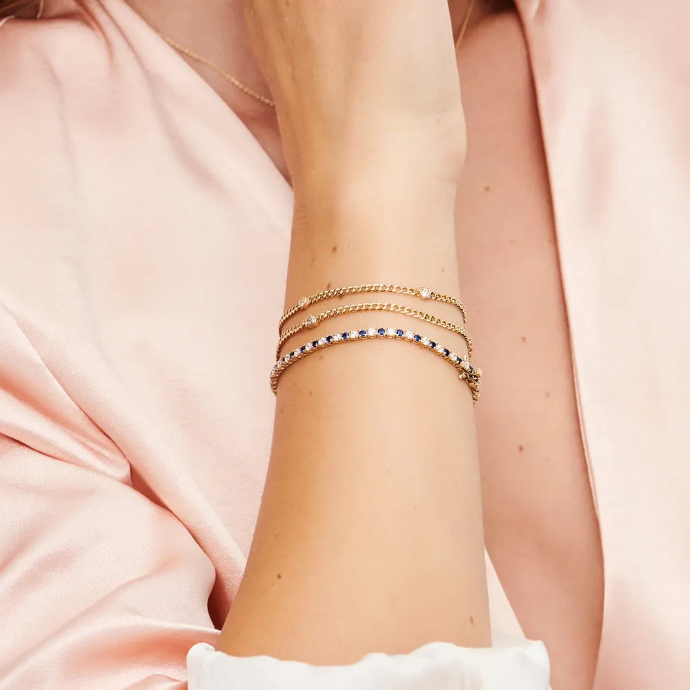 14k Gold Round Diamond and Sapphire 4 Prong Tennis Bracelet