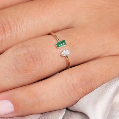 14K Solid Gold Emerald Cut Emerald and Marquise Diamond Cuff Ring 0.23 CTW Handcrafted Jewelry