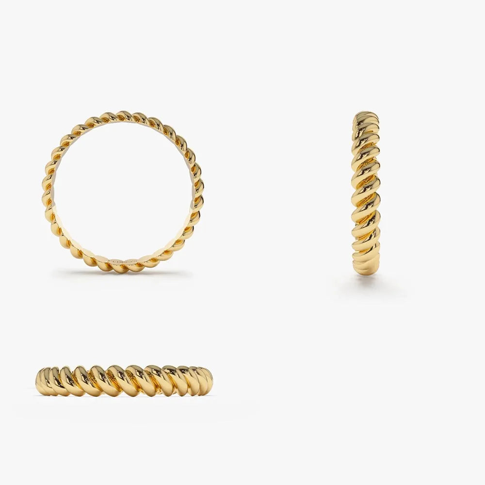 14K Solid Gold 3mm Twisted Rope Stackable Wedding Band Ring