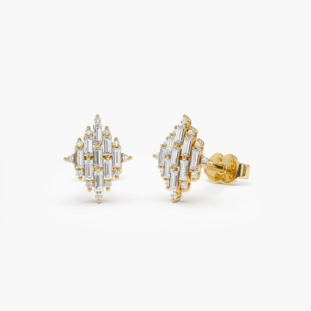 14k Gold Diamond Baguette and Round Cut Cluster Stud Earrings Prong Setting 0.45 ctw