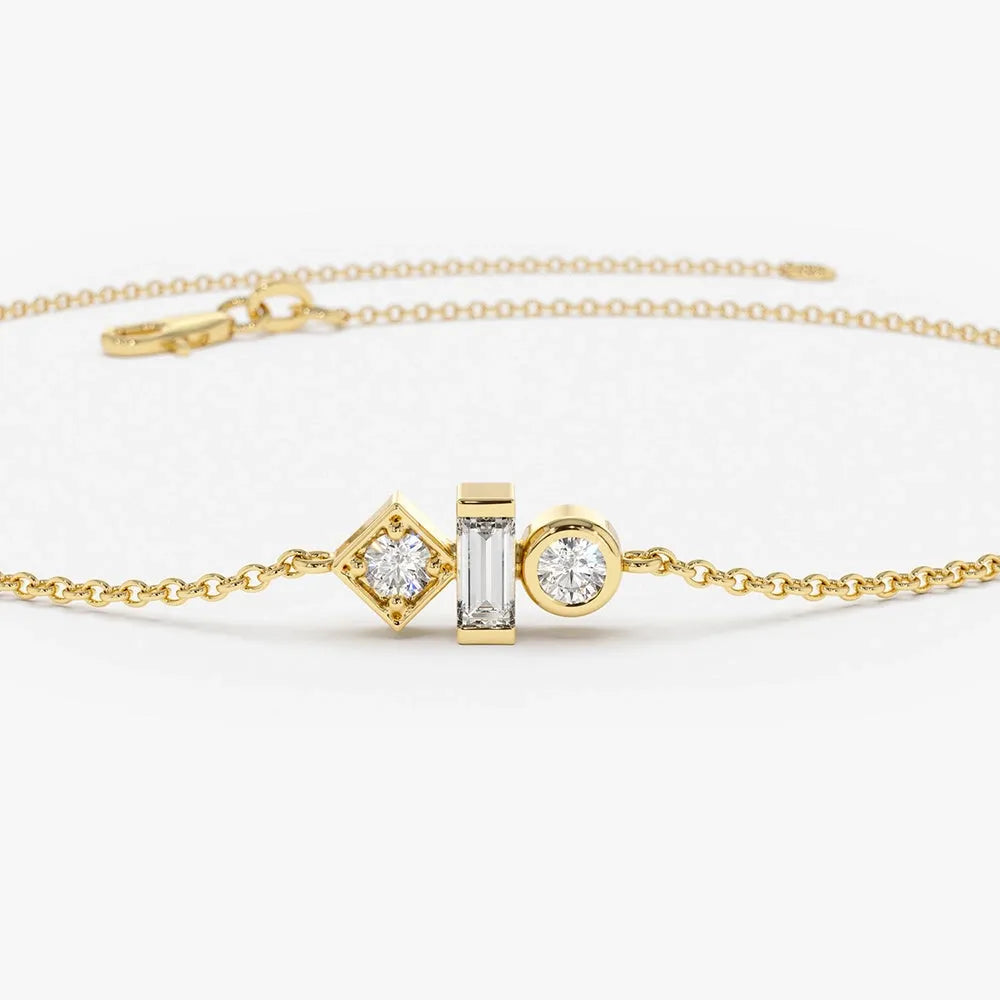 14K Solid Gold Baguette and Round Diamond Bracelet Bezel and Channel Setting 0.15 Carat