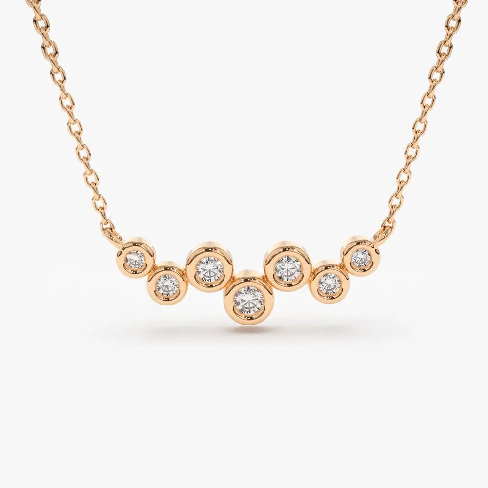 14K Solid Gold Round Diamond 7 Stone Floating Bubble Necklace Bezel Set 0.30ctw