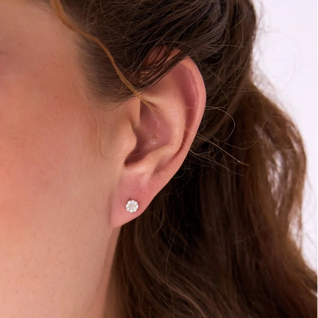 14k Gold Diamond Baguette and Round Cut Halo Earrings 0.20 ctw