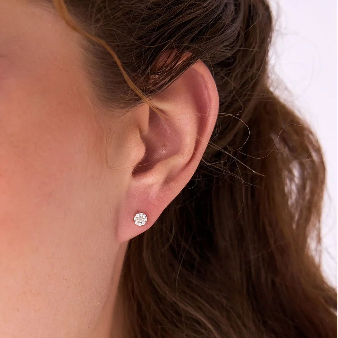 14k Gold Diamond Baguette and Round Cut Halo Earrings 0.20 ctw