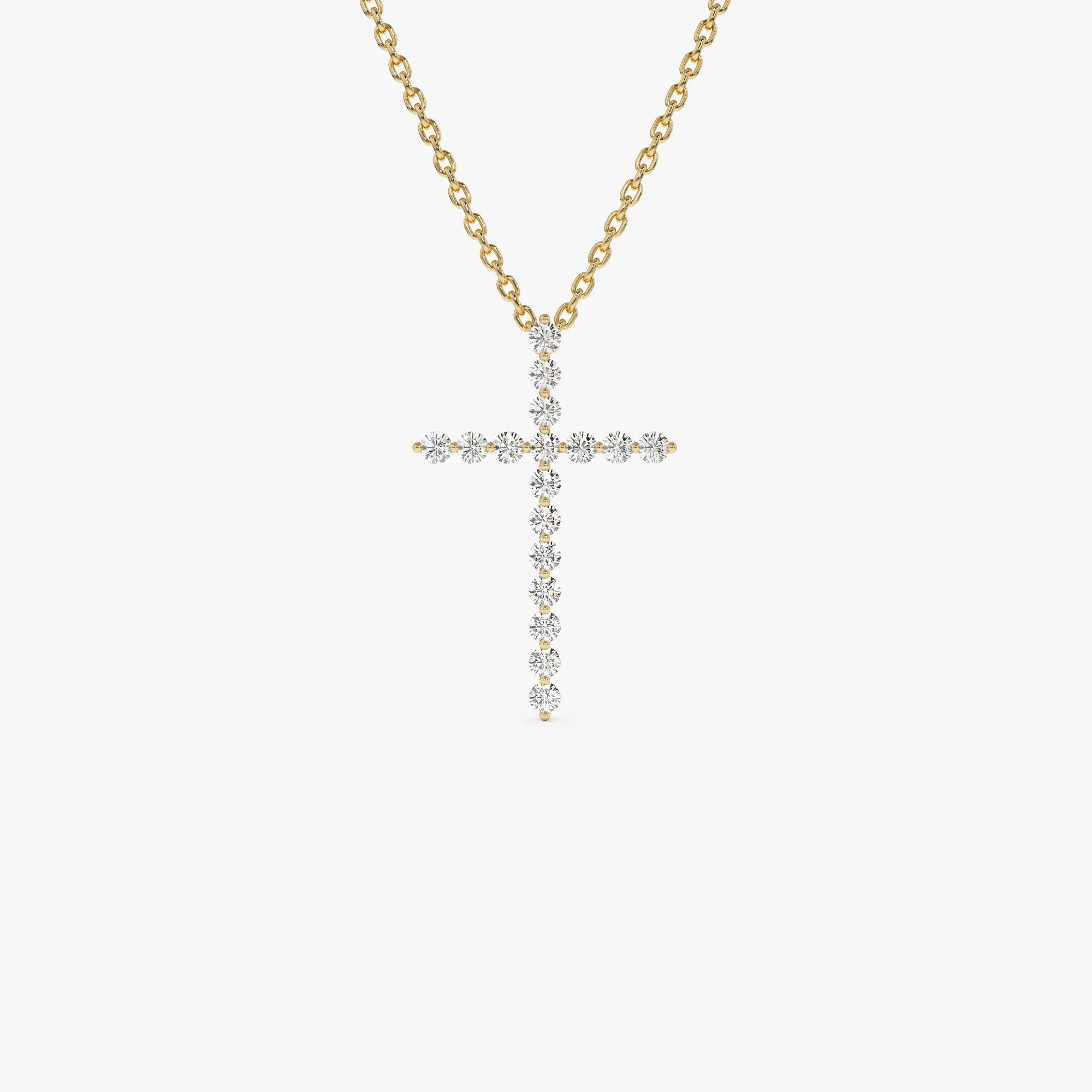14K Solid Gold 0.29 CTW Round Diamond Single Shared Prong Cross Necklace