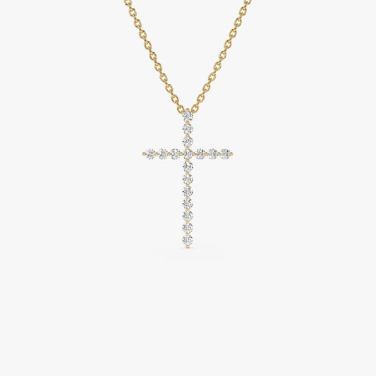 14K Solid Gold 0.29 CTW Round Diamond Single Shared Prong Cross Necklace