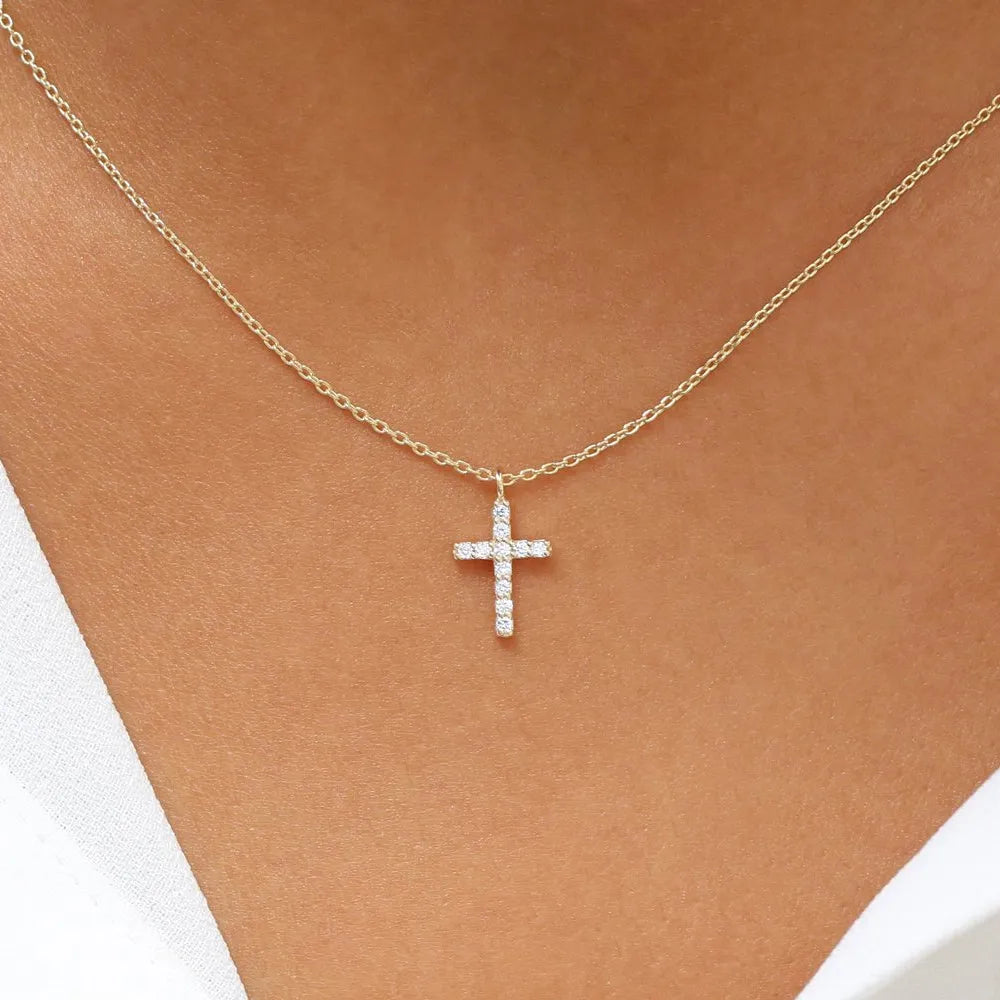 14K Solid Gold Round Diamond Micro Pave Cross Pendant Necklace 0.11cttw