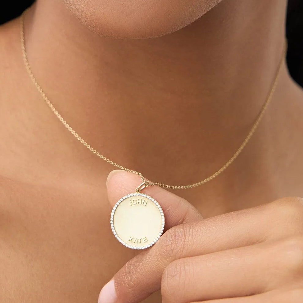 14K Solid Gold 0.25 CTW Round Diamond Personalized Medallion Necklace Prong Setting