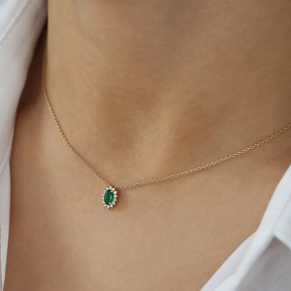 14k Solid Gold Oval Emerald 0.25 CTW and Round Diamond 0.12 CTW Halo Necklace