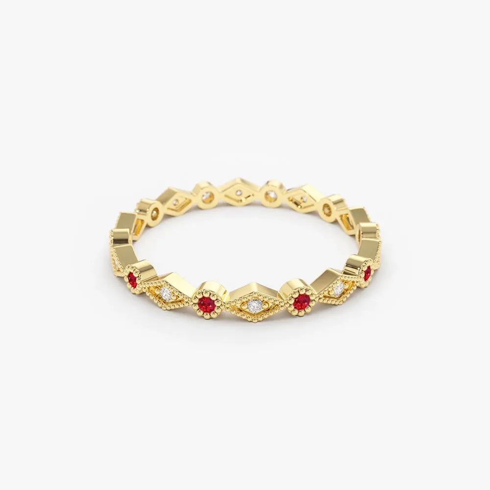 14k Gold Ruby and Diamond Round Cut Art Deco Geometric Wedding Band Bezel Setting 0.20 ctw