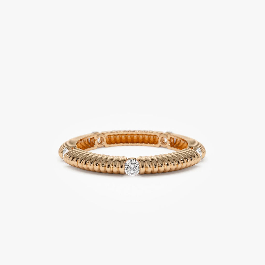 14k Solid Gold Round Diamond 0.30ctw Ribbed Wedding Ring