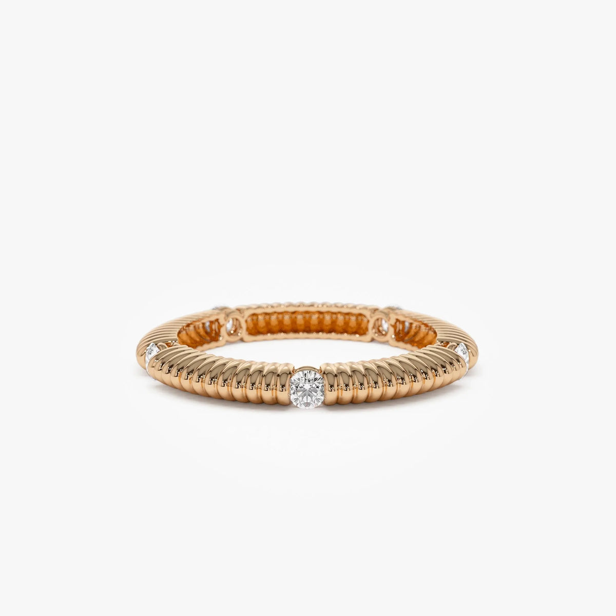 14k Solid Gold Round Diamond 0.30ctw Ribbed Wedding Ring