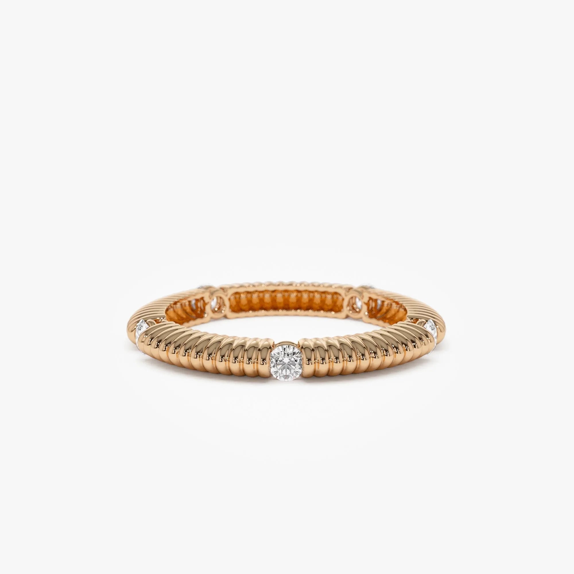 14k Solid Gold Round Diamond 0.30ctw Ribbed Wedding Ring