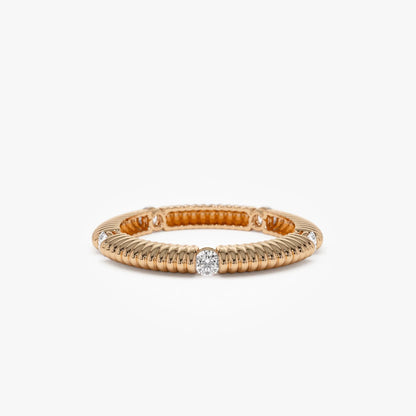 14k Solid Gold Round Diamond 0.30ctw Ribbed Wedding Ring