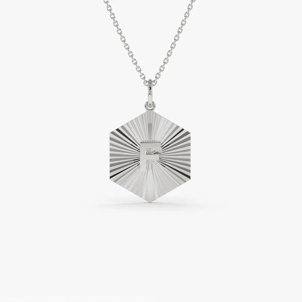 14k Solid Gold Sparkle Hexagon Disc Initial Pendant Necklace