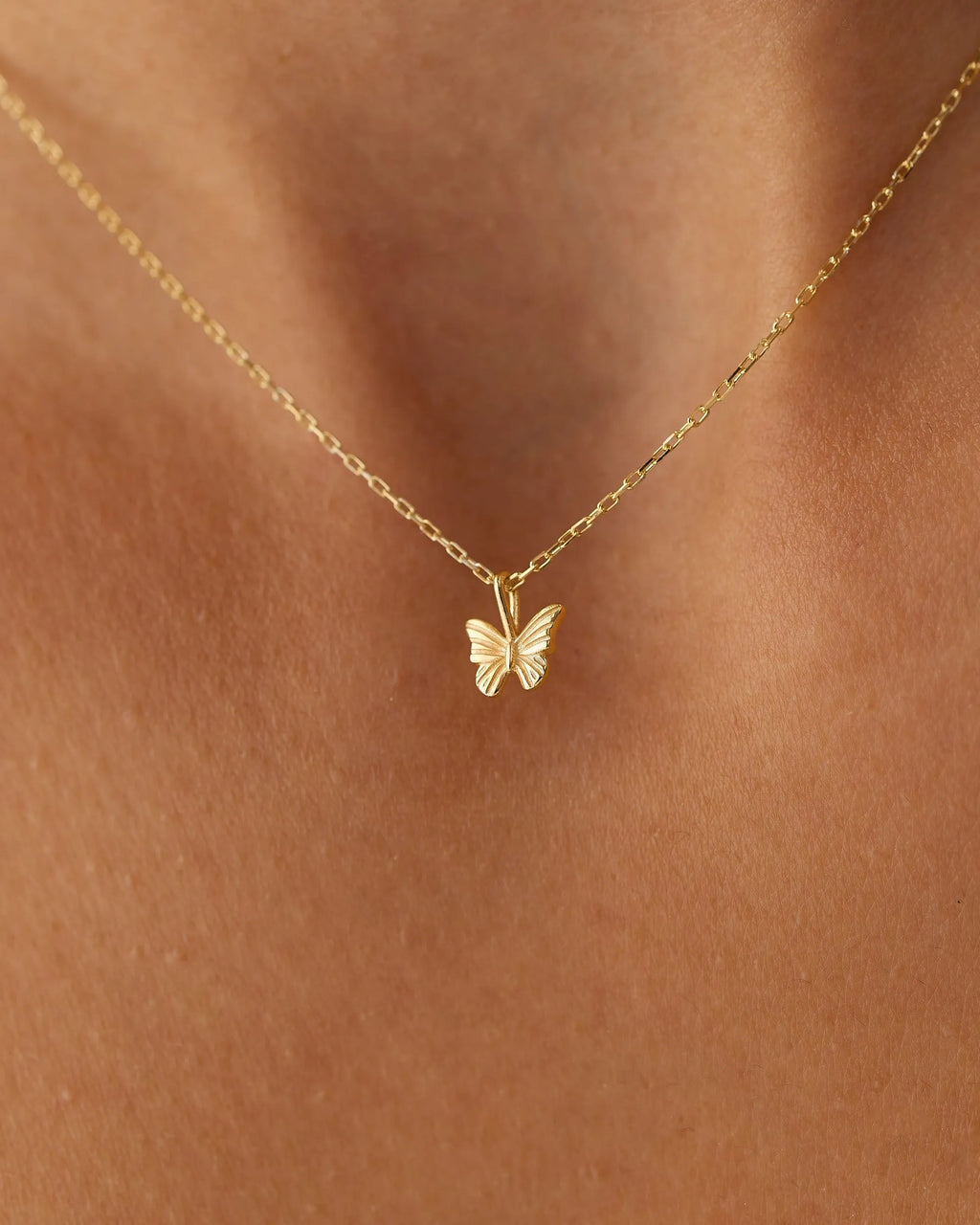 14k Solid Gold Mini Butterfly Charm Pendant Necklace