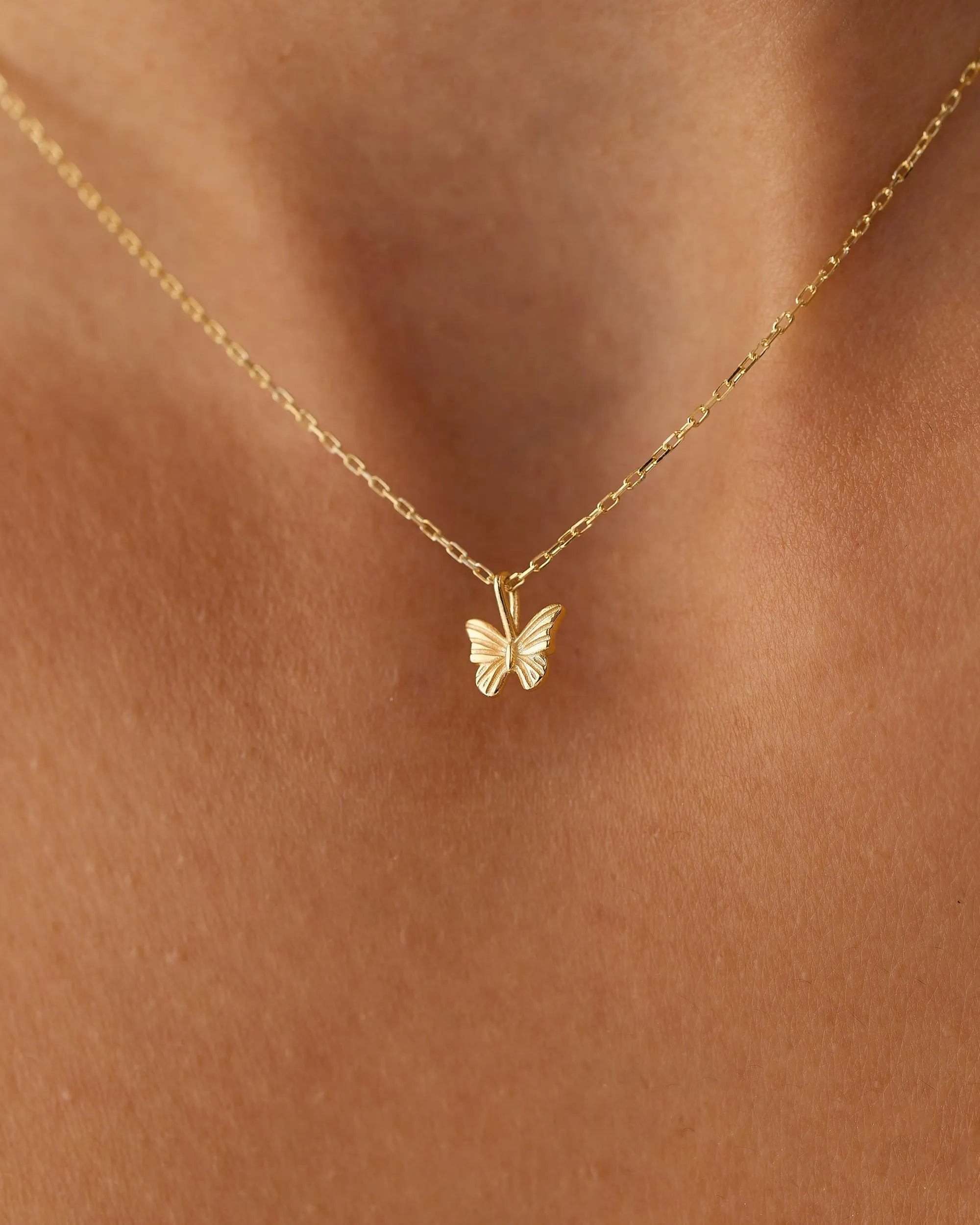 14k Solid Gold Mini Butterfly Charm Pendant Necklace
