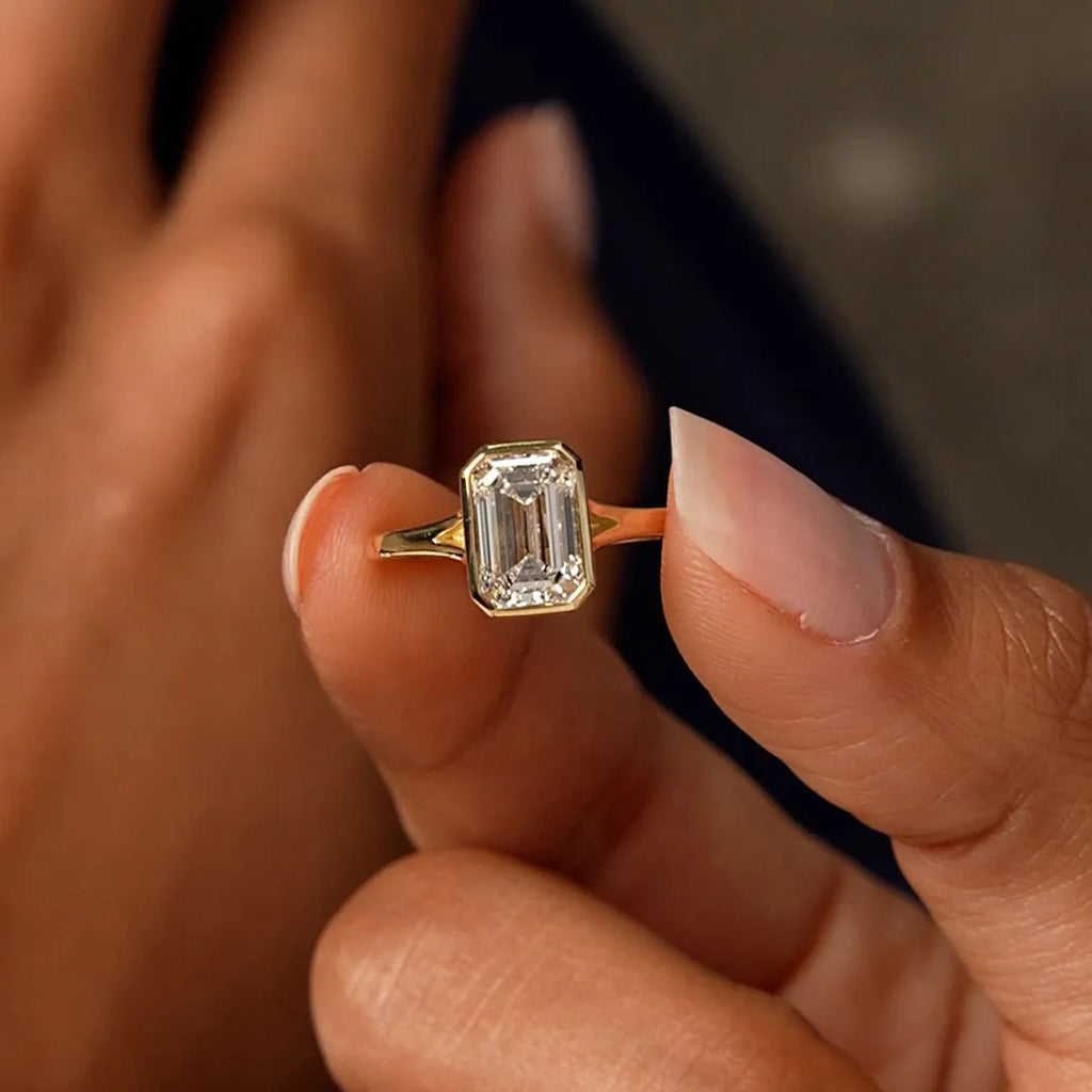 14k Gold 2.00 Carat Emerald Cut Lab Grown Diamond Bezel Solitaire Ring
