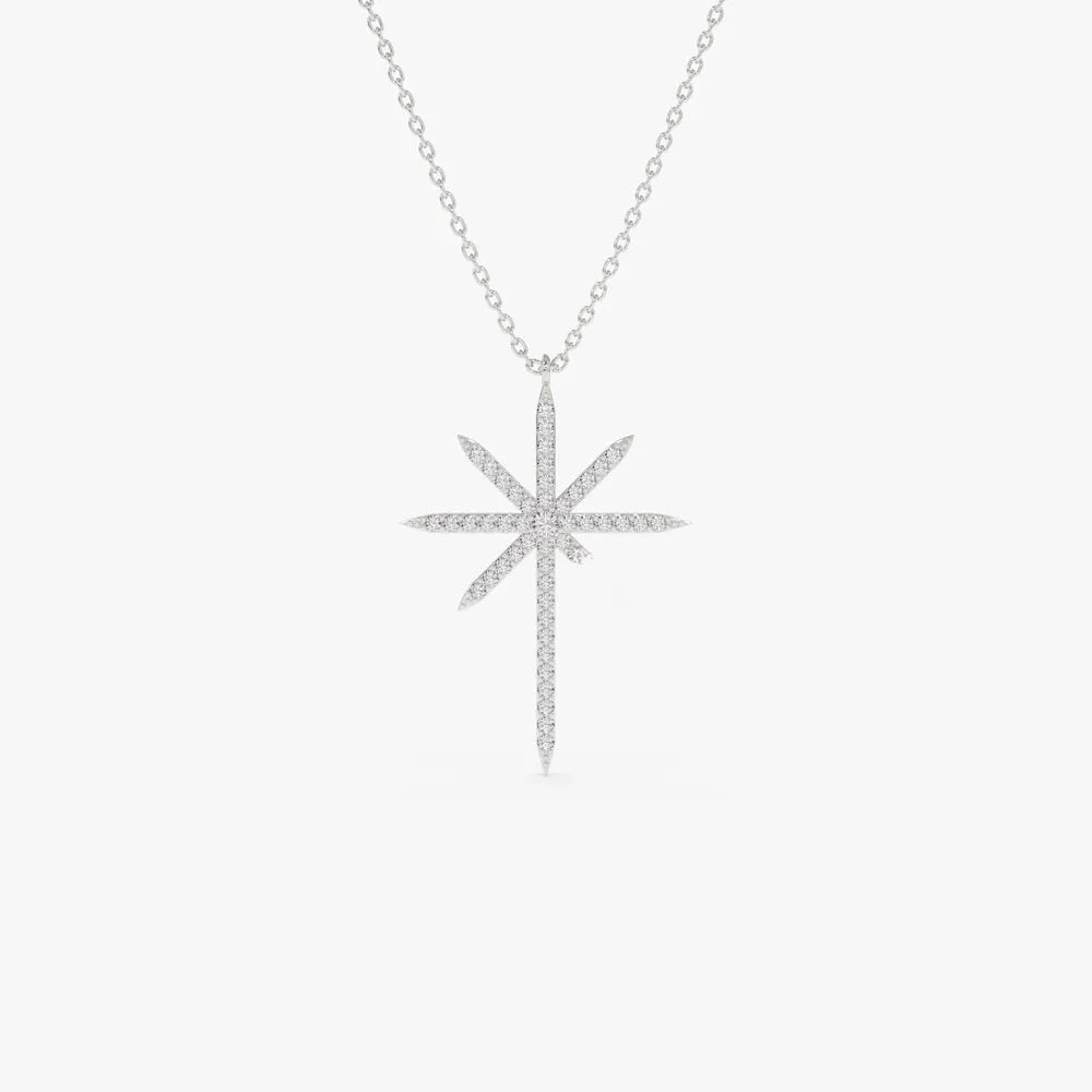 14K Solid Gold Round Diamond Celestial North Star Pendant Necklace 0.25ctw Prong Setting