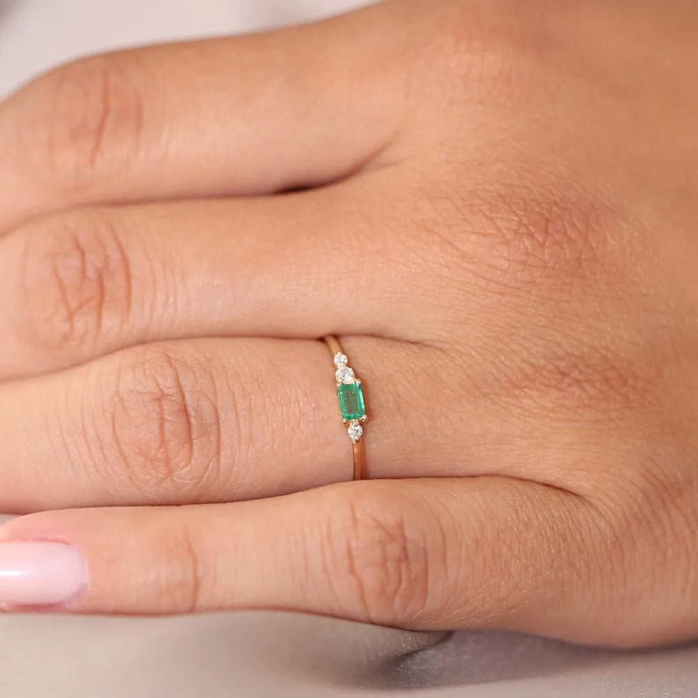 14K Solid Gold Baguette Emerald and Round Diamond Ring 0.23 CTW Handcrafted Jewelry