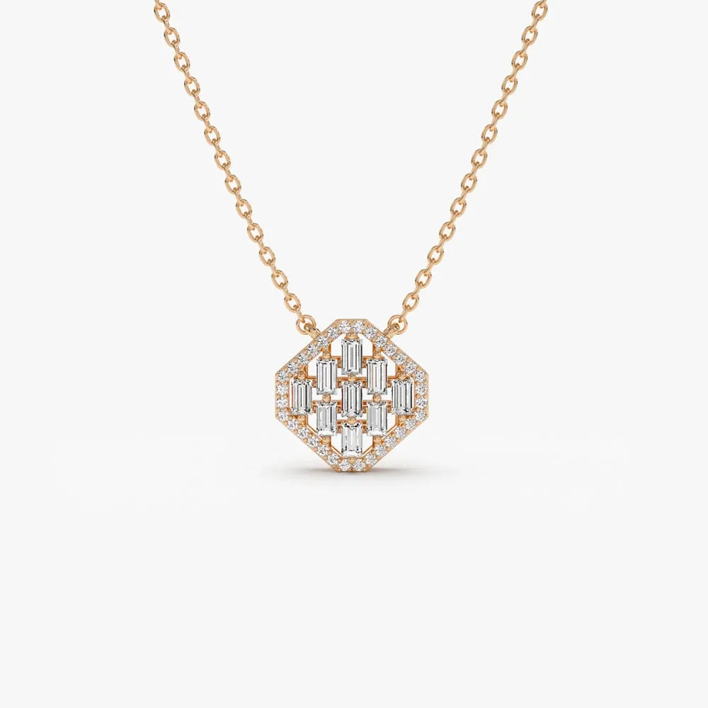 14K Solid Gold Baguette and Round Diamond Halo Necklace Prong Setting 0.32ctw
