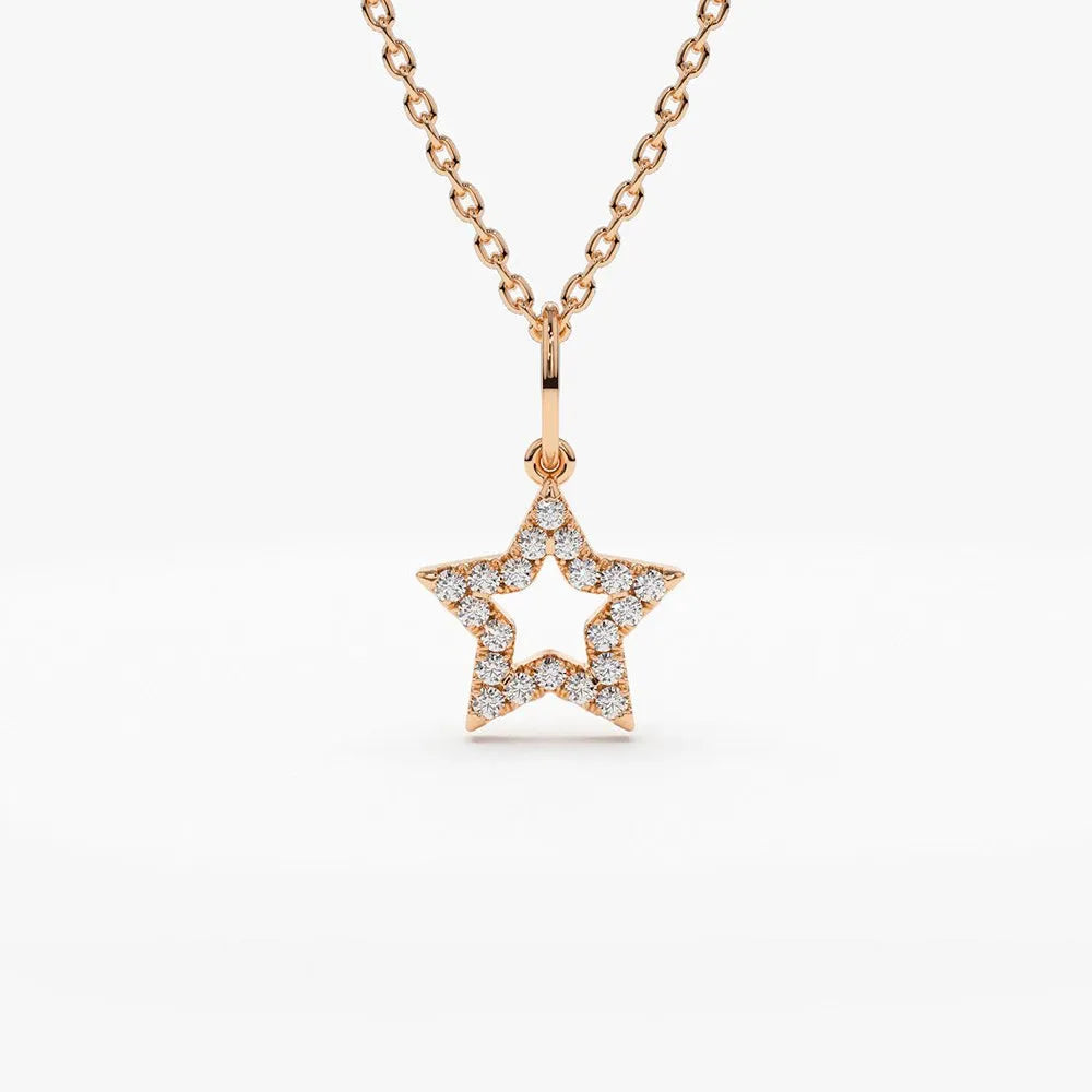 14K Solid Gold Round Diamond Star Charm Pendant Layering Necklace 0.14ctw