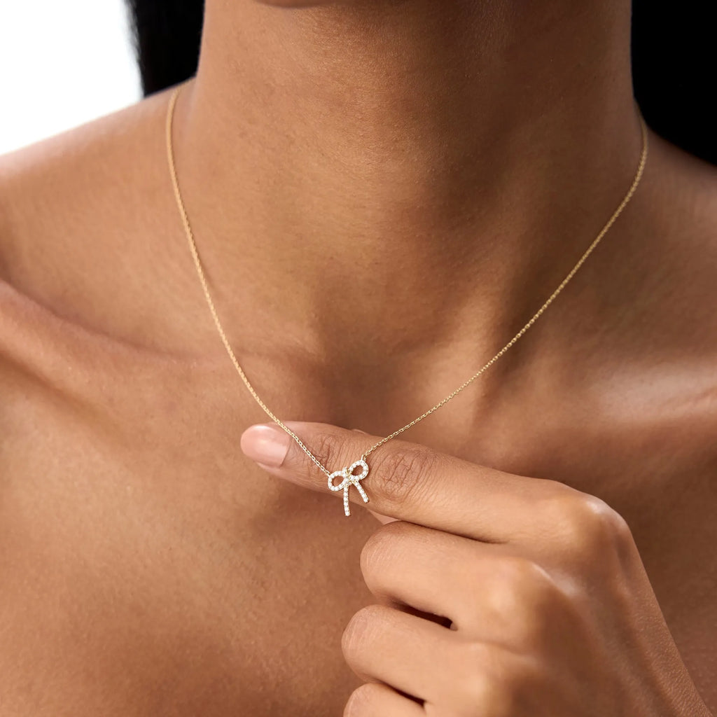 14K Solid Gold 0.17 CTW Round Diamond Bow Necklace Prong Setting