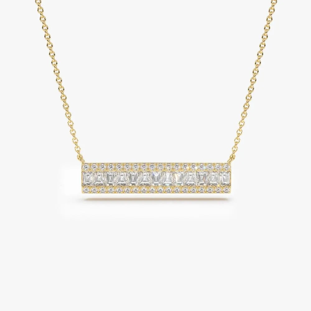 14K Solid Gold Baguette and Round Diamond Horizontal Bar Necklace 0.50ctw