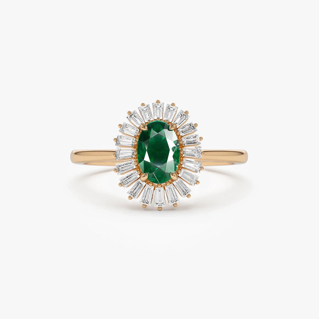 14K Solid Gold Oval Emerald and Baguette Diamond Ballerina Ring 0.65 CTW