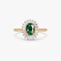 14K Solid Gold Oval Emerald and Baguette Diamond Ballerina Ring 0.65 CTW