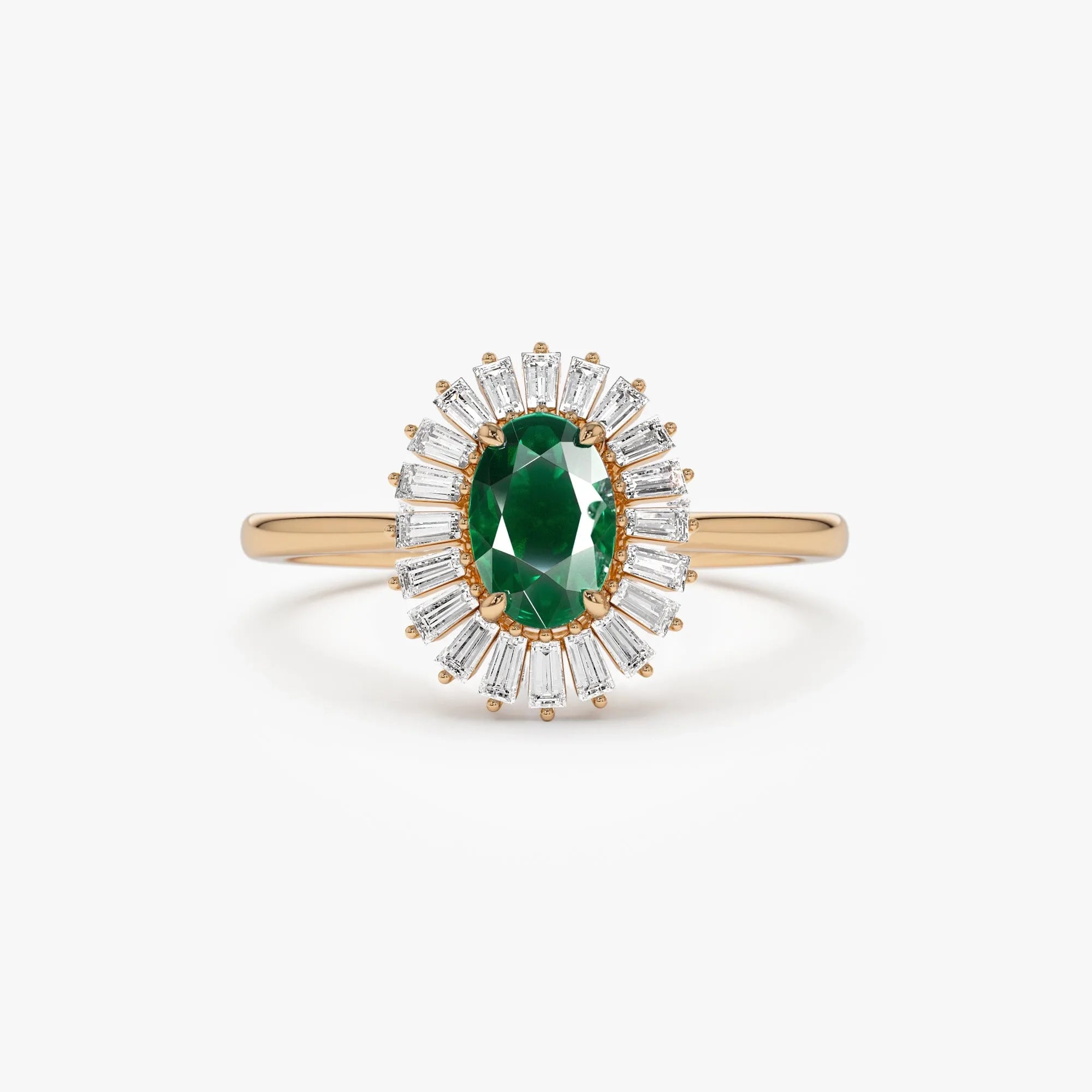 14K Solid Gold Oval Emerald and Baguette Diamond Ballerina Ring 0.65 CTW