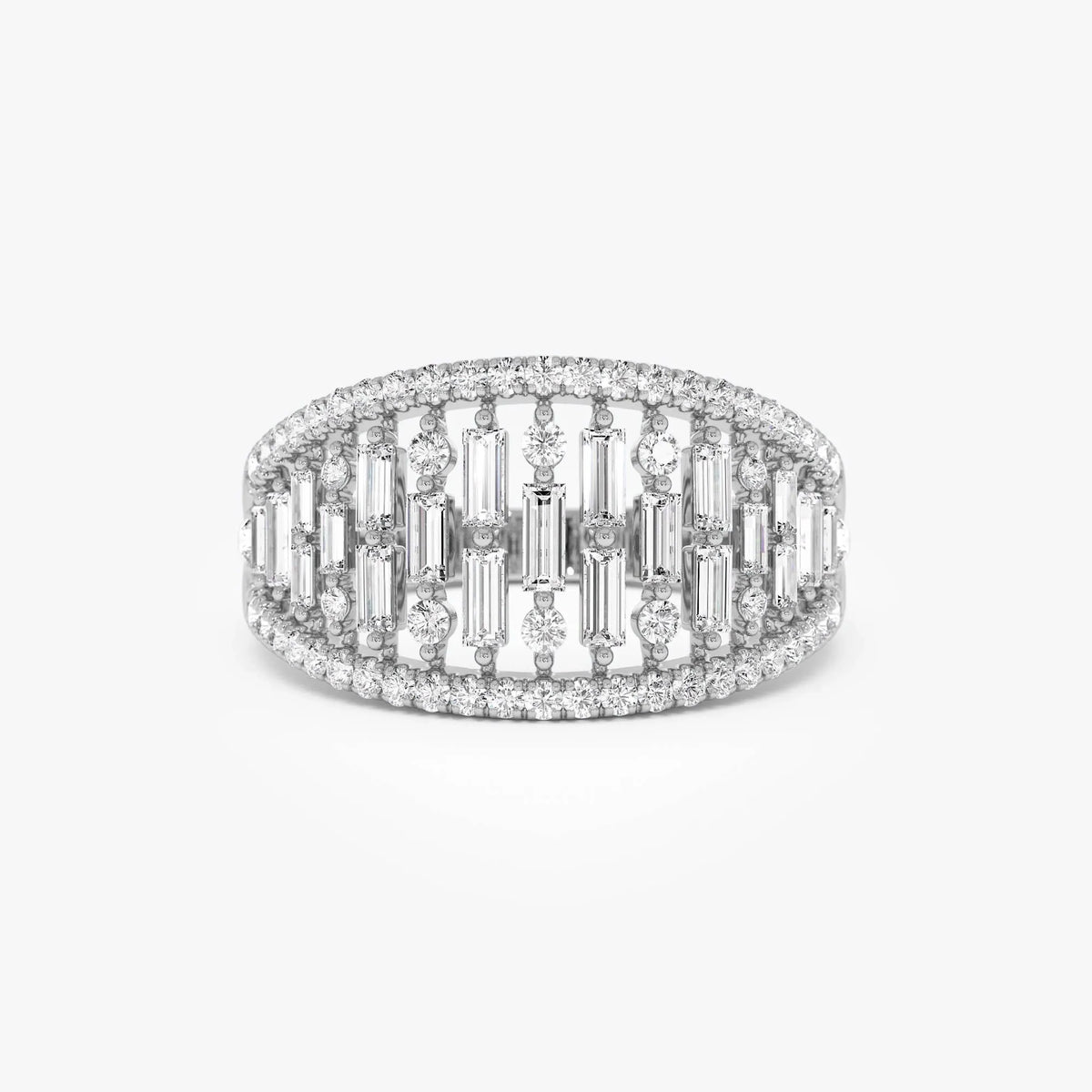 14k Solid Gold Baguette and Round Diamond 0.90 Carat Multi Row Statement Ring