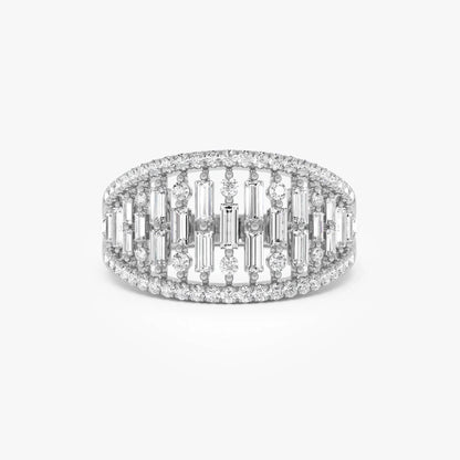14k Solid Gold Baguette and Round Diamond 0.90 Carat Multi Row Statement Ring