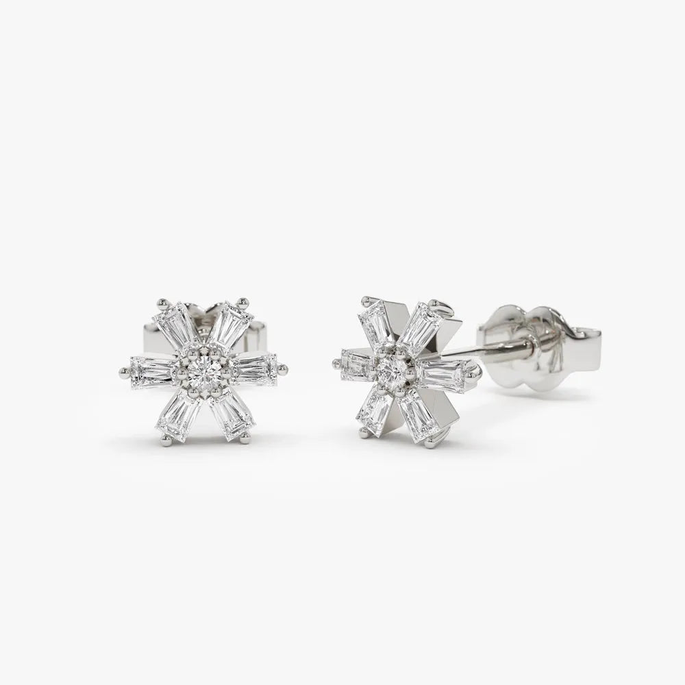 14k Gold Diamond Round and Baguette Cut Mini Flower Stud Earrings 0.23 ctw
