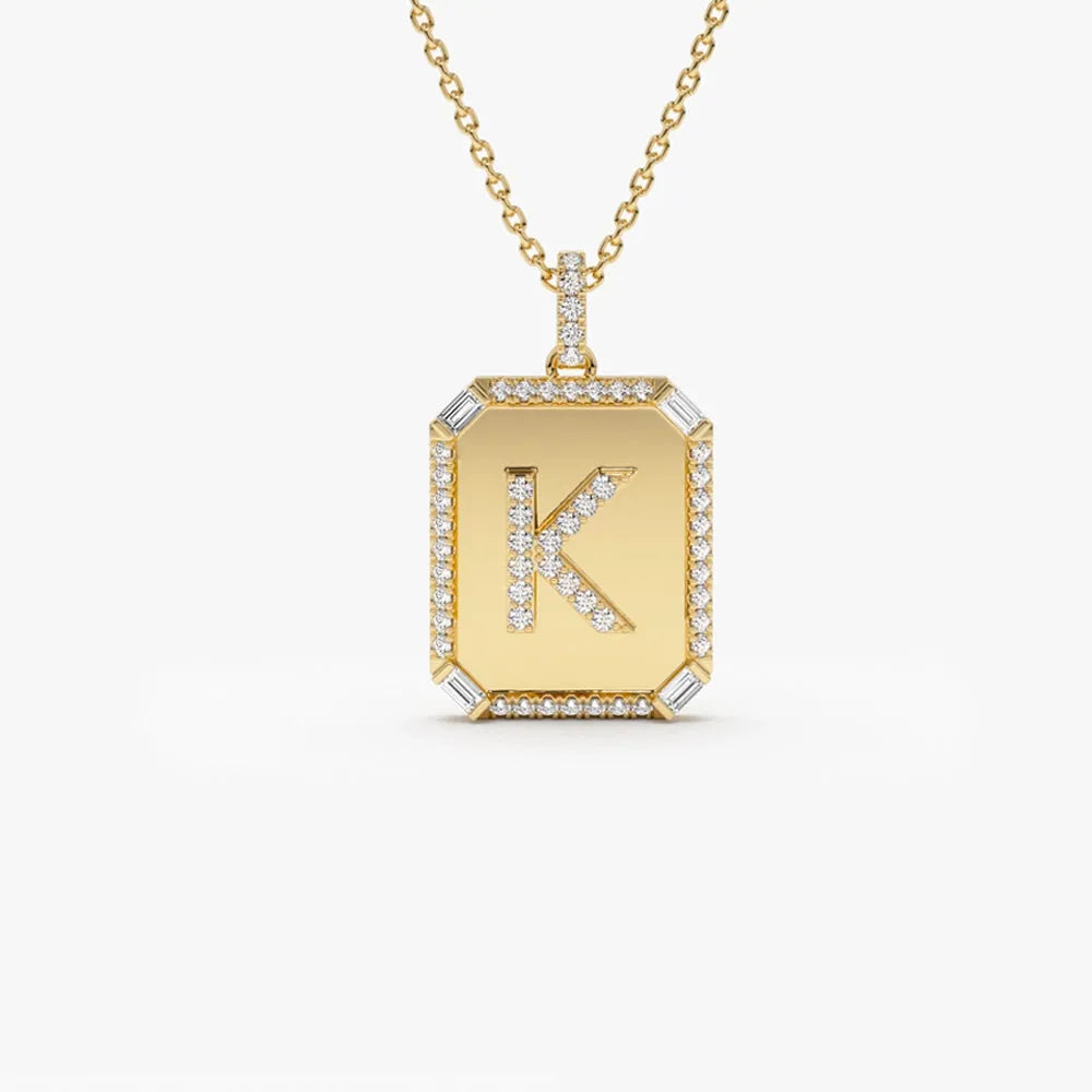 14K Solid Gold Baguette and Round Diamond Tag Initial Pendant Necklace 0.38ctw