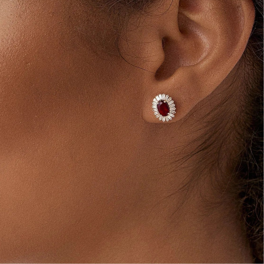 14k Solid Gold Oval Ruby and Baguette Diamond Ballerina Stud Earrings 1.70 ctw