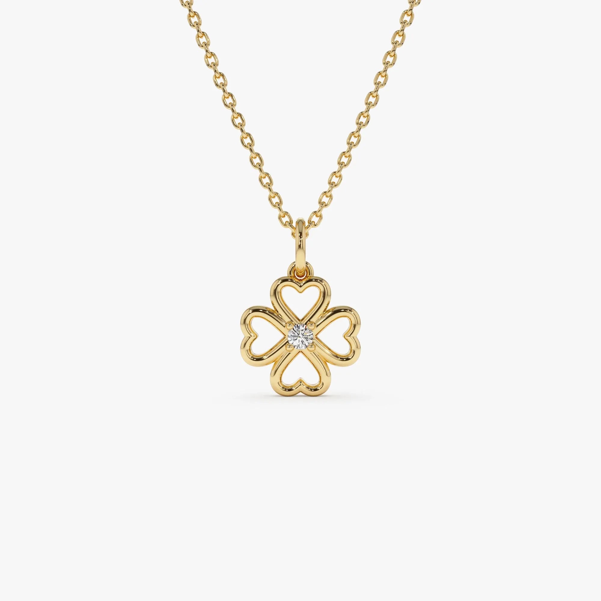14K Solid Gold 0.04 CTW Round Diamond Single Clover Necklace