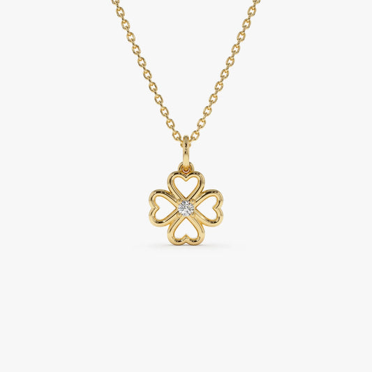 14K Solid Gold 0.04 CTW Round Diamond Single Clover Necklace